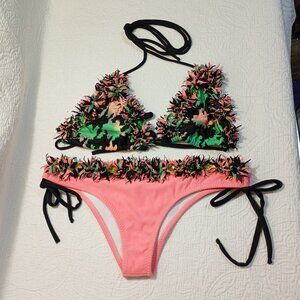 Handmade Pink Black Bikini Floral Fringe Beaded Accents Diseños Gomez Swimwear